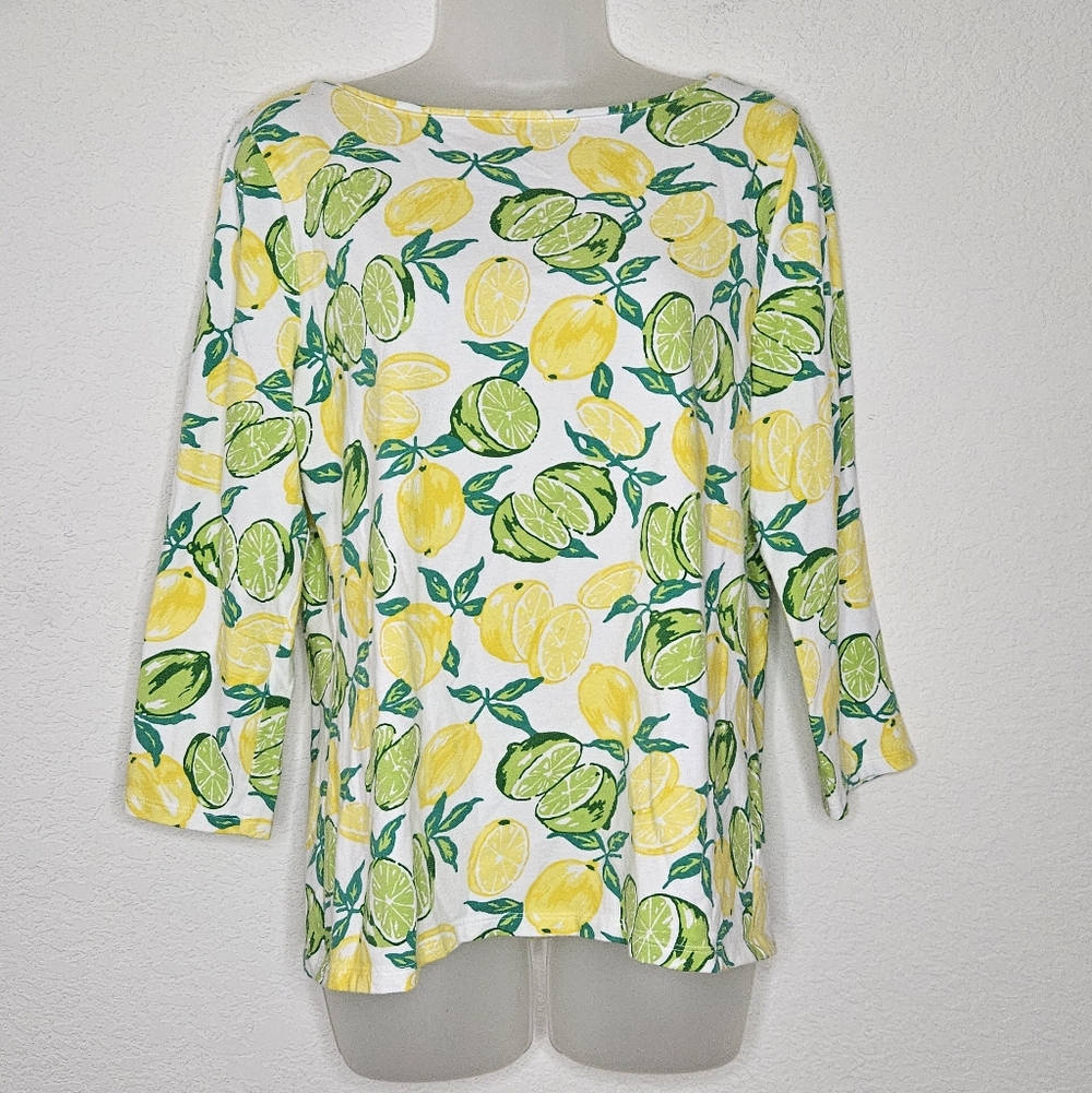Talbots Cotton Lemon Lime Novelty Print Boatneck 3/4 Sleeve Stretch Top L